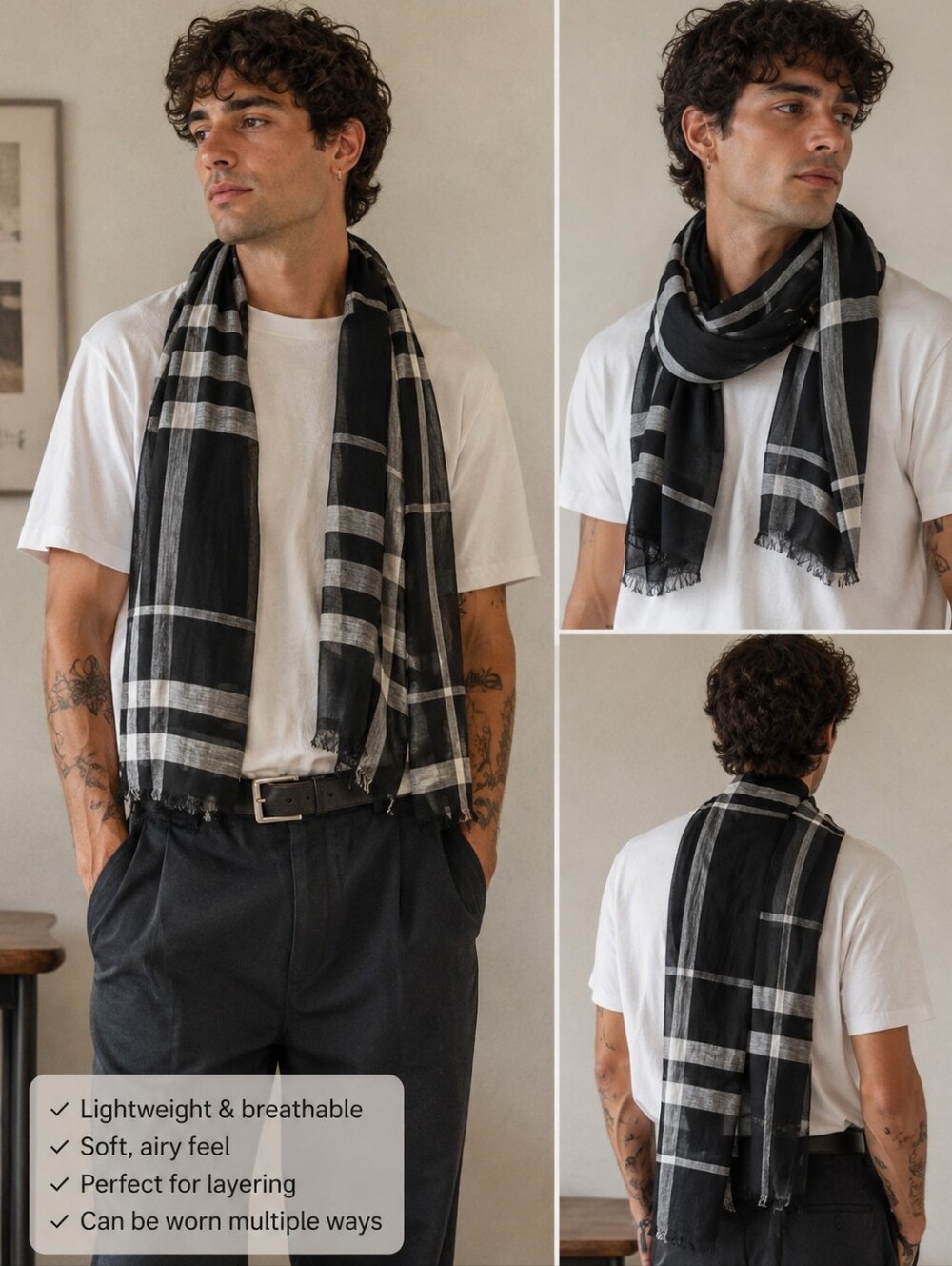 Black and White Plaid Sheer Scarf